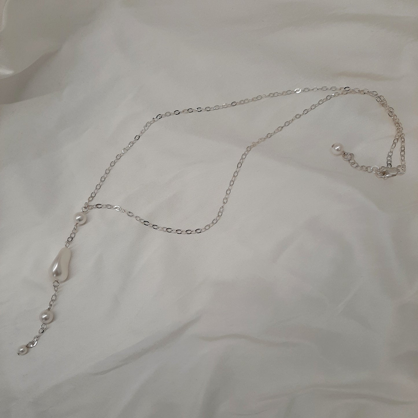 Lizzy - Swarovski crystal pearls and flat sterling silver chain long necklace