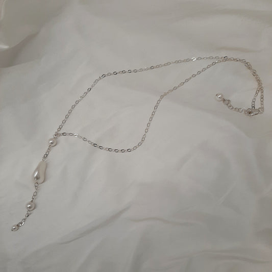 Lizzy - Swarovski crystal pearls and flat sterling silver chain long necklace