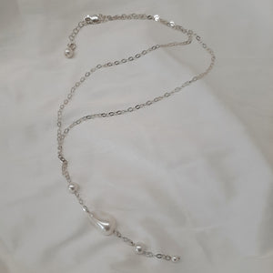 Lizzy - Swarovski crystal pearls and flat sterling silver chain long necklace