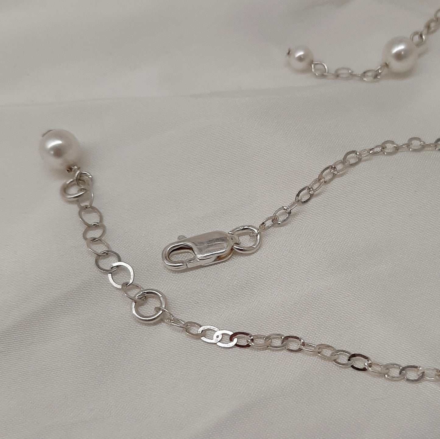 Lizzy - Swarovski crystal pearls and flat sterling silver chain long necklace