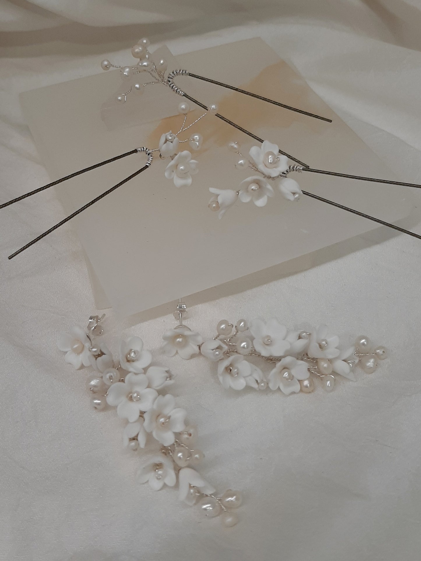 Lucia - polymer clay flowers, white freshwater pearls long cascading stud drop earrings and hair pins