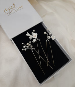 Lucia - polymer clay flowers, white freshwater pearls long cascading stud drop earrings and hair pins