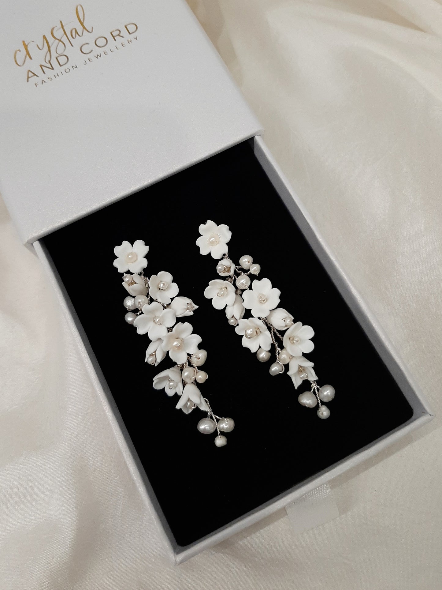 Lucia - polymer clay flowers, white freshwater pearls long cascading stud drop earrings and hair pins