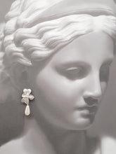 Load image into Gallery viewer, Marcy - faux pearl drop and silver-tone seven petal flower stud earrings