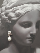 Load image into Gallery viewer, Marcy - faux pearl drop and silver-tone seven petal flower stud earrings