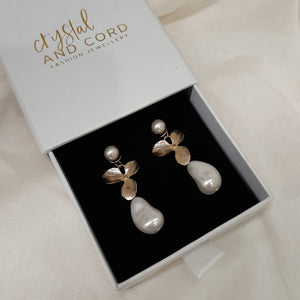 Matilda - silver orchid shaped flowers with Swarovski crystal baroque pearl drop and earstud