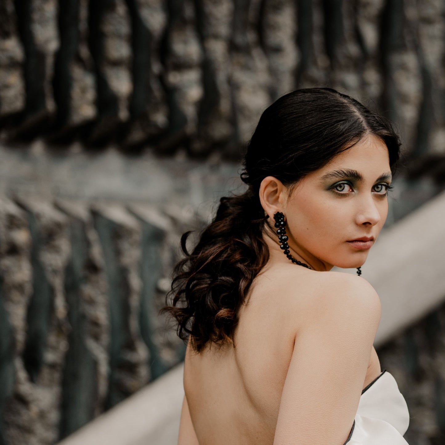 Emiliana - black long cascading beaded stud earrings