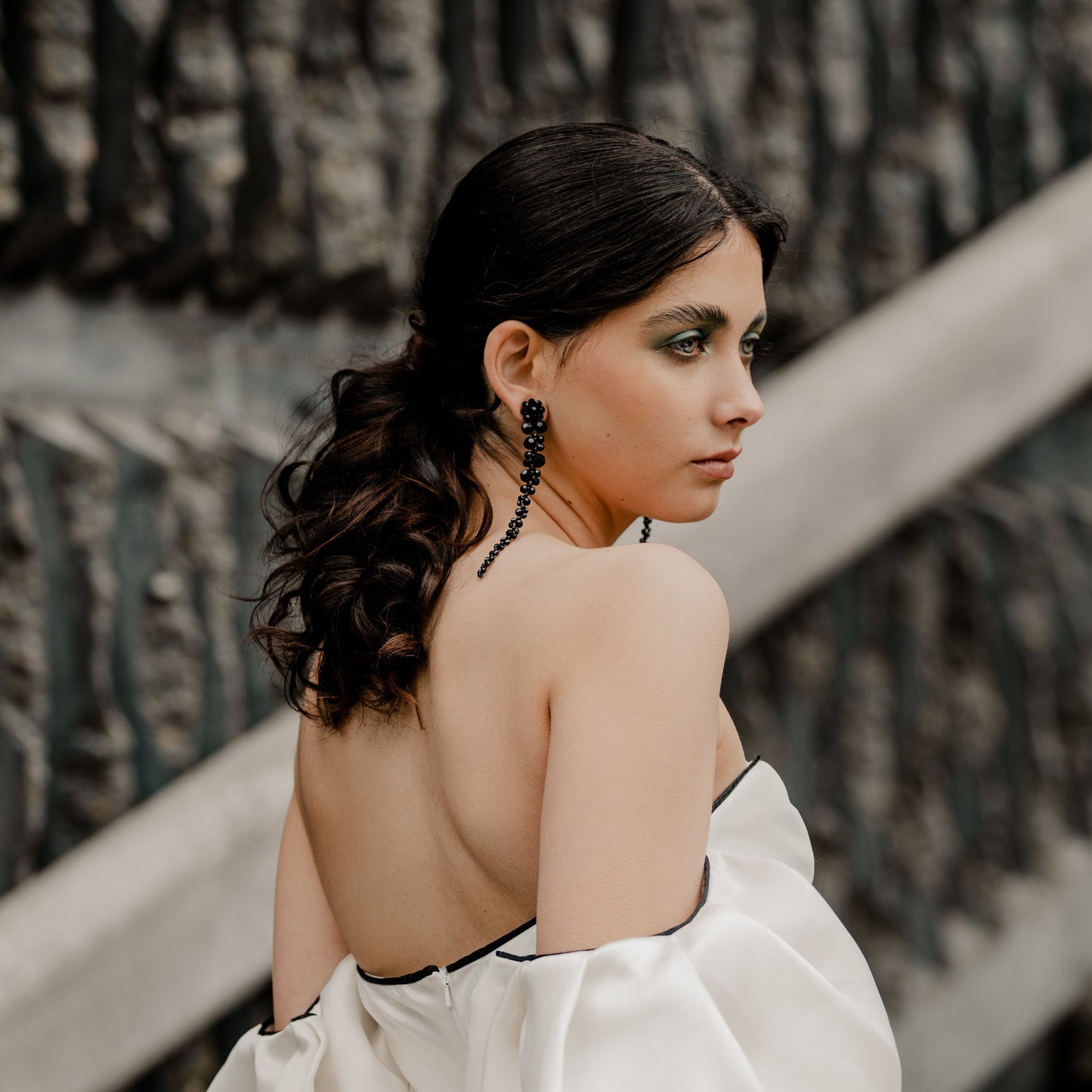 Emiliana - black long cascading beaded stud earrings