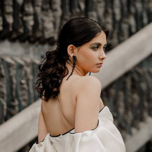 Emiliana - black long cascading beaded stud earrings