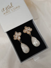 Load image into Gallery viewer, Monica - faux pearl drop and gold tone five petal flower stud earrings