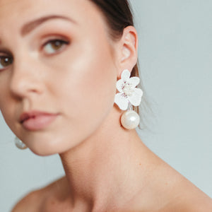 Nina - white ivory lace flower and Preciosa crystal pearls statement drop stud earrings