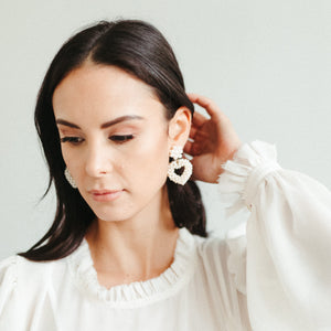 Ella - white cultured freshwater pearls heart drop flower stud earrings