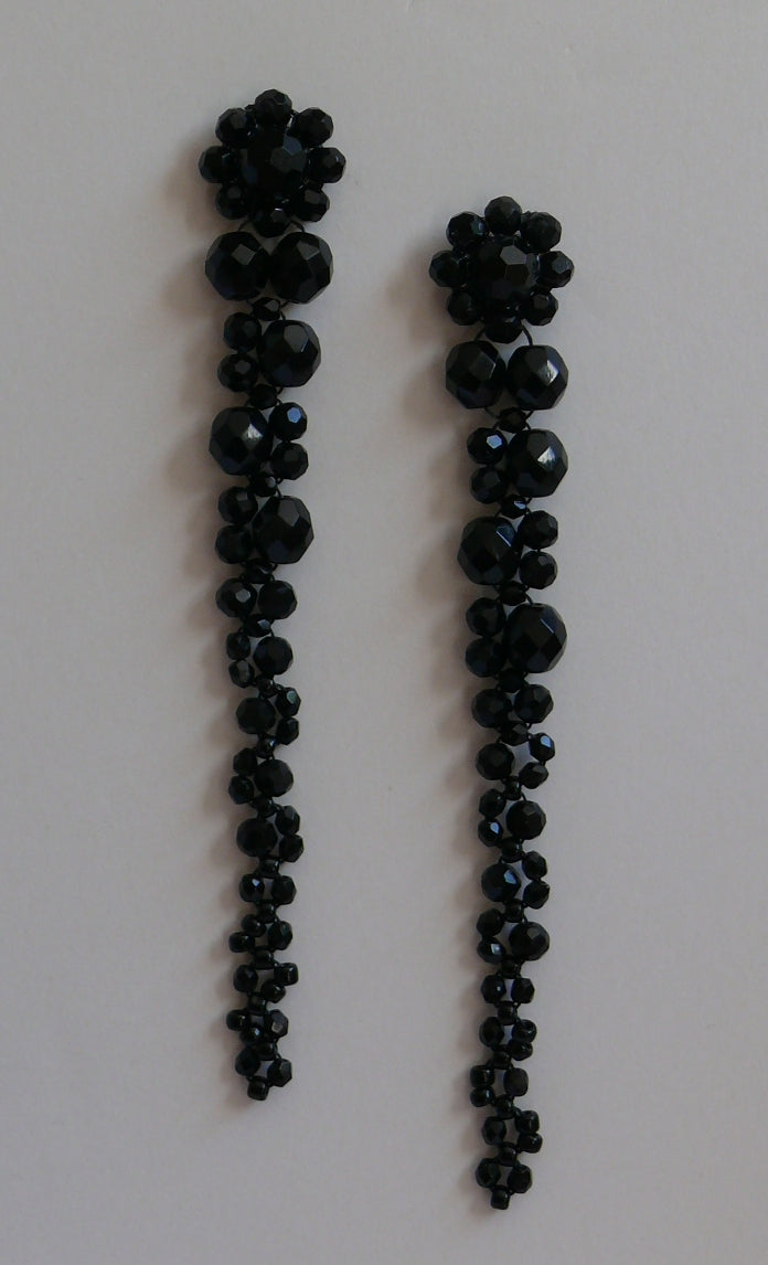 Black long cascading beaded statement stud earrings