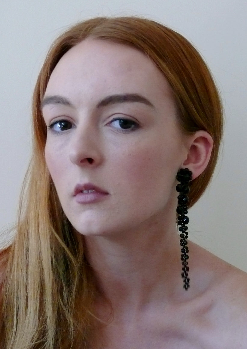Black long cascading beaded statement stud earrings