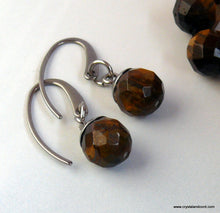 Load image into Gallery viewer, Tigereye natural gemstone single drop silver-tone earrings