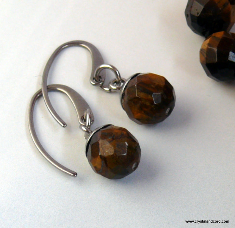 Tigereye natural gemstone single drop silver-tone earrings