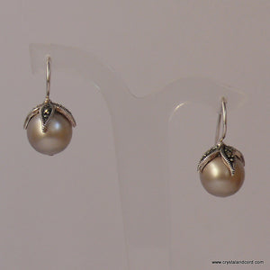 Swarovski crystal pearl single drop Marcasite sterling silver earrings