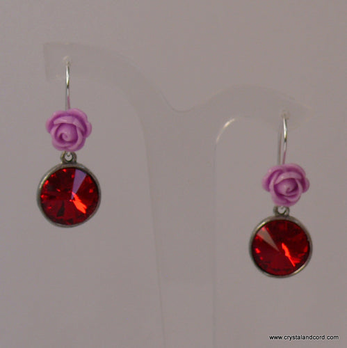 Ruby - Swarovski crystal rhinestones and flower drop silver-tone earrings