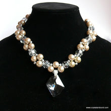 Load image into Gallery viewer, Platinum/Beige glass bead pearls and Swarovski crystal drop necklace
