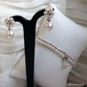 Rhinestone and white Swarovski crystal pearls drop earrings and bracelets wedding set