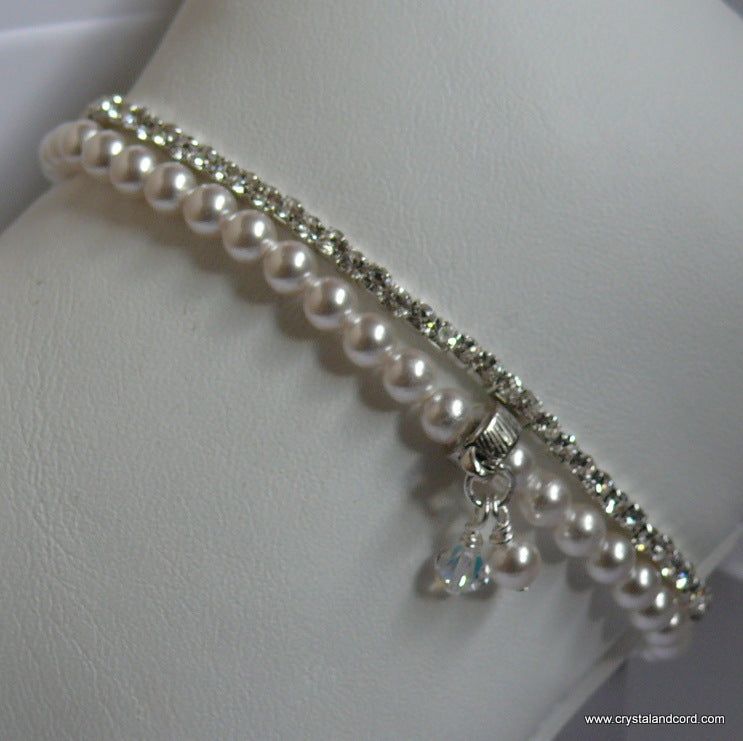 Rhinestone and white Swarovski crystal pearls drop earrings and bracelets wedding set