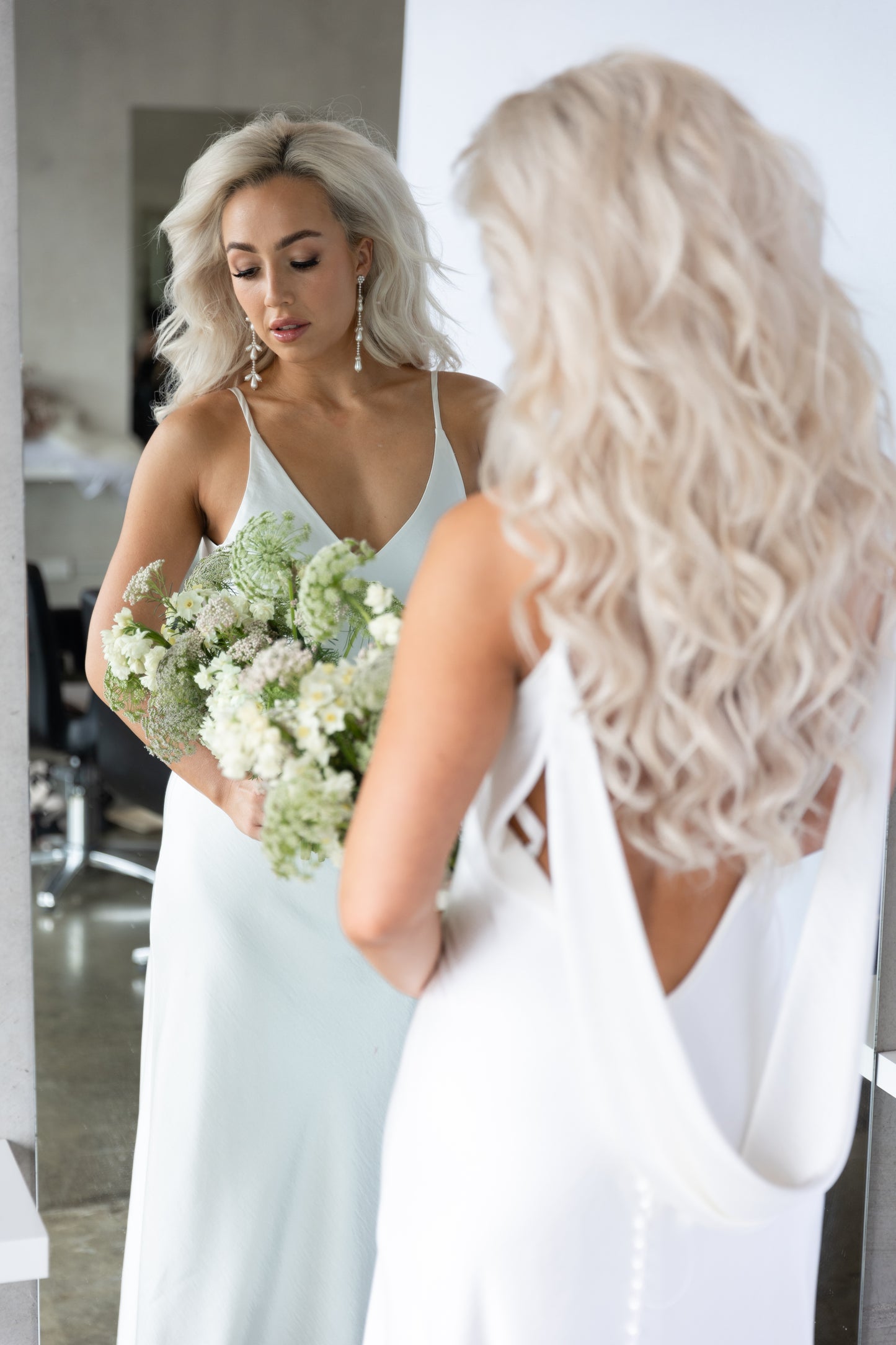 Paige - teardrop crystal pearl beads and sterling silver stud long cascading earrings