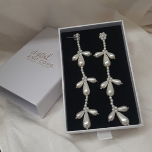 Paige - teardrop crystal pearl beads and sterling silver stud long cascading earrings