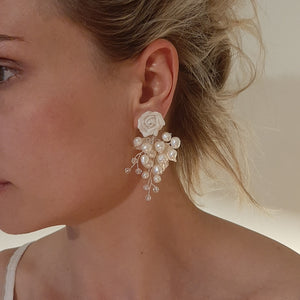 Rosalie - rose flower stud, freshwater pearls and crystal clear beaded cascading earrings