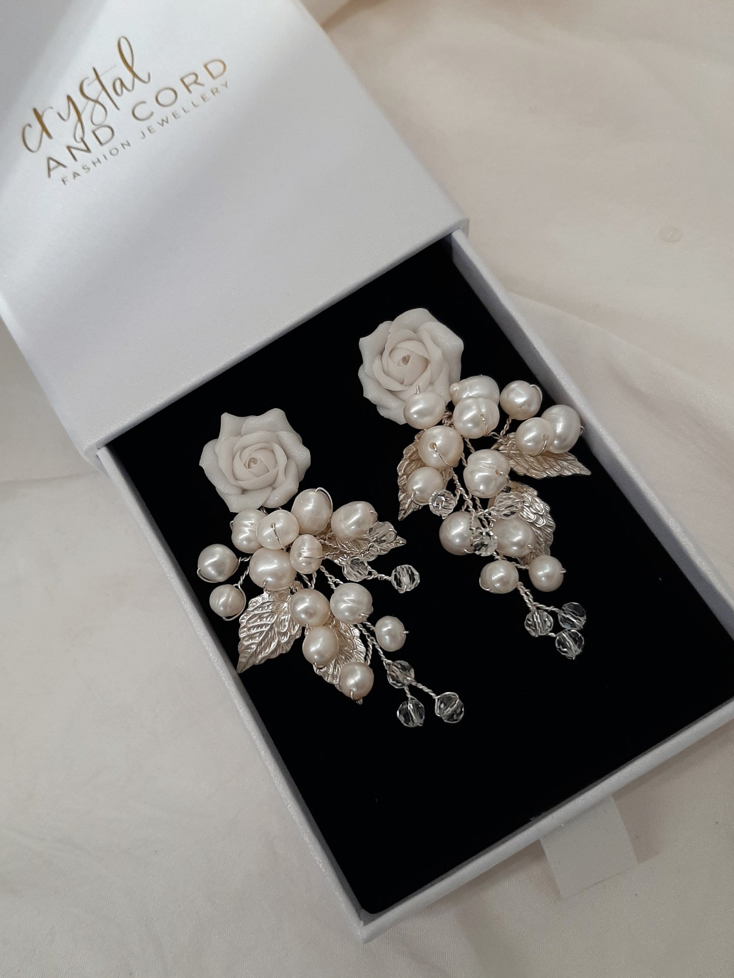 Rosalie - rose flower stud, freshwater pearls and crystal clear beaded cascading earrings