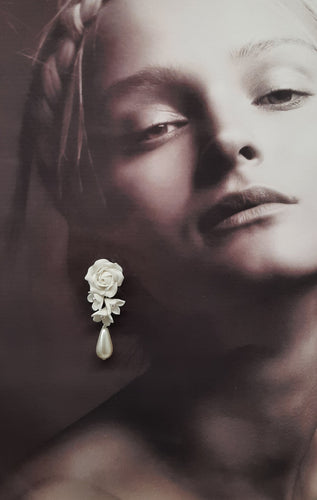 Rosie - ivory pearls, handmade rose and flower drop earrings