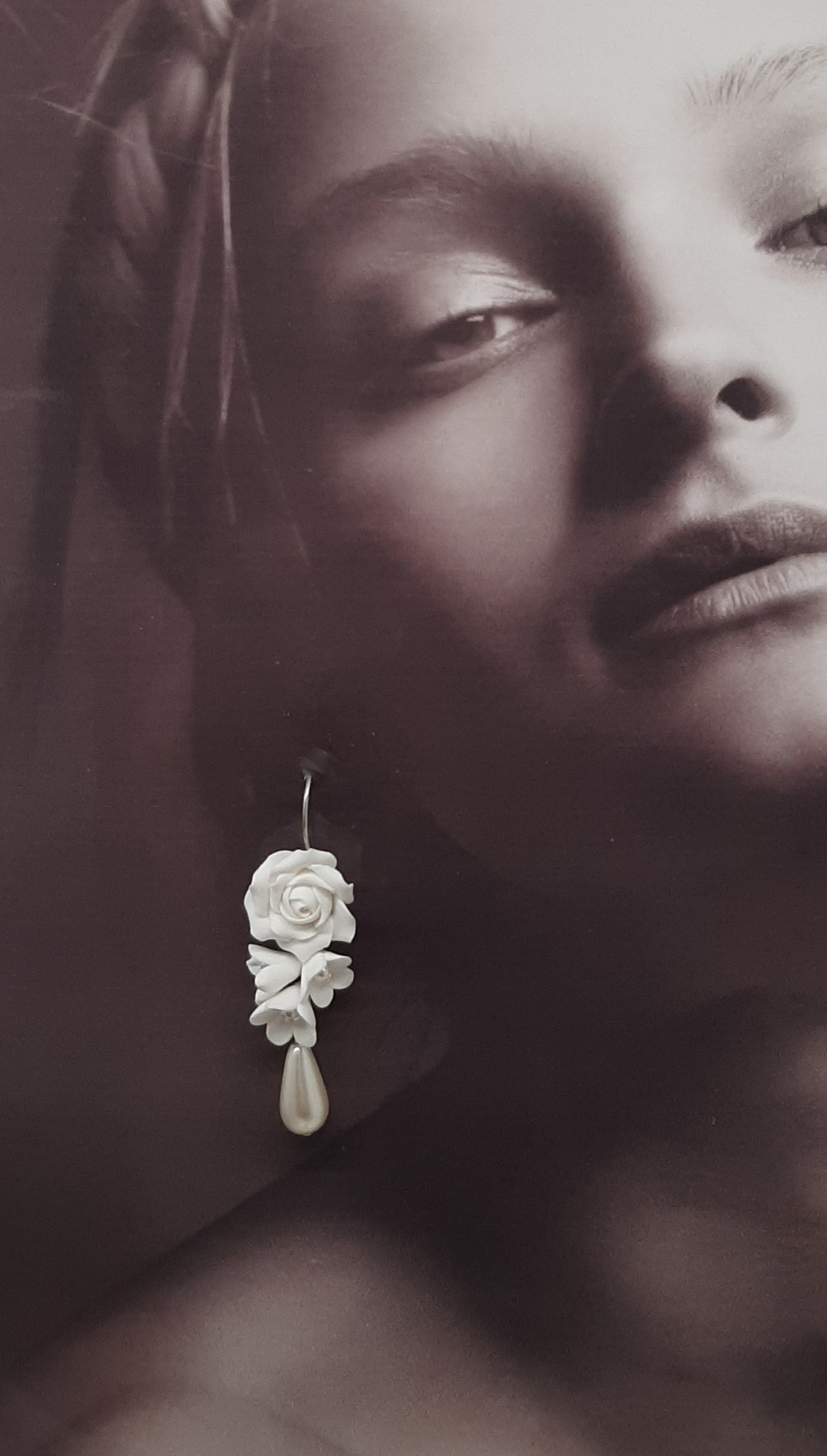 Rosie - ivory pearls, handmade rose and flower drop earrings