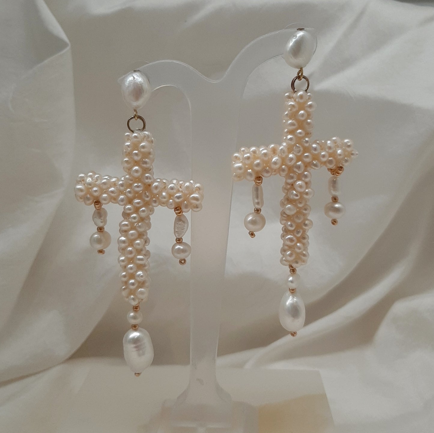Stavroula - natural cultured freshwater pearls cross cascading stud earrings