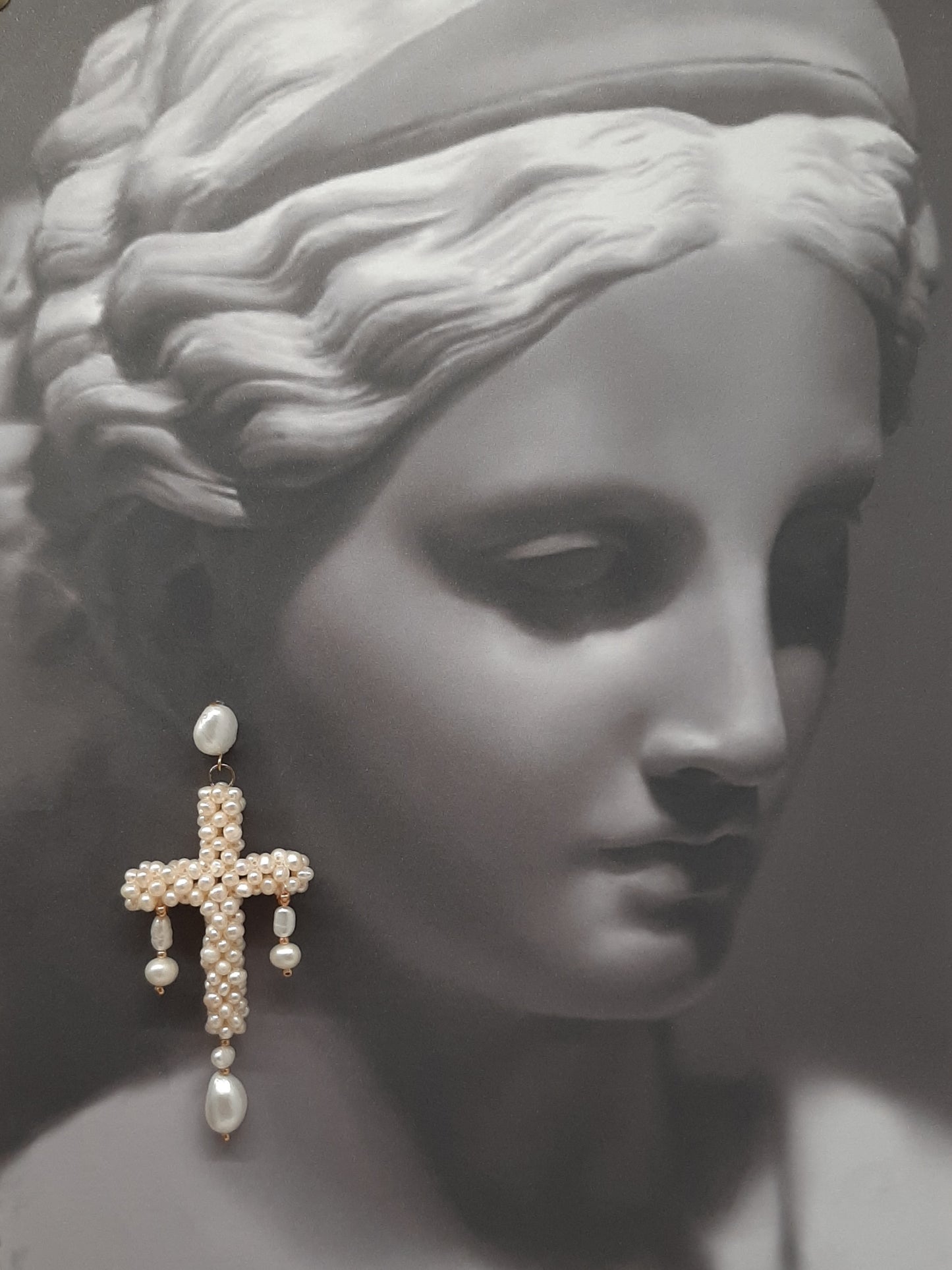 Stavroula - natural cultured freshwater pearls cross cascading stud earrings