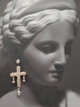Load image into Gallery viewer, Stavroula - natural cultured freshwater pearls cross cascading stud earrings