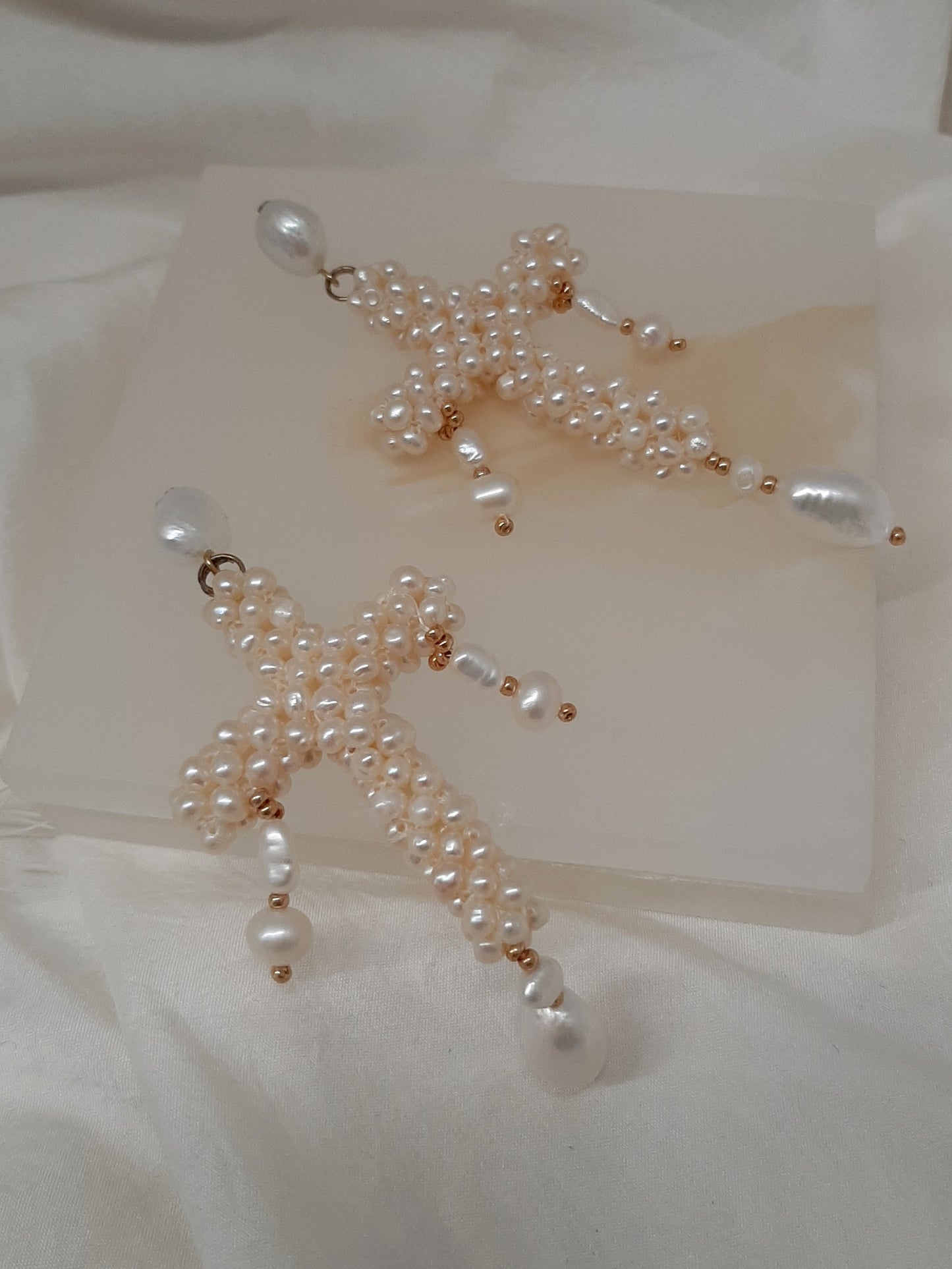 Stavroula - natural cultured freshwater pearls cross cascading stud earrings