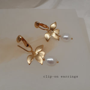 Sarah - freshwater pearls single orchid shaped flower drop earrings