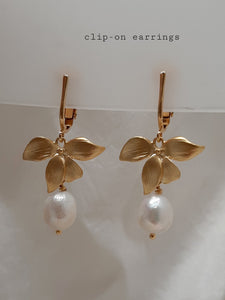 Sarah - freshwater pearls single orchid shaped flower drop earrings