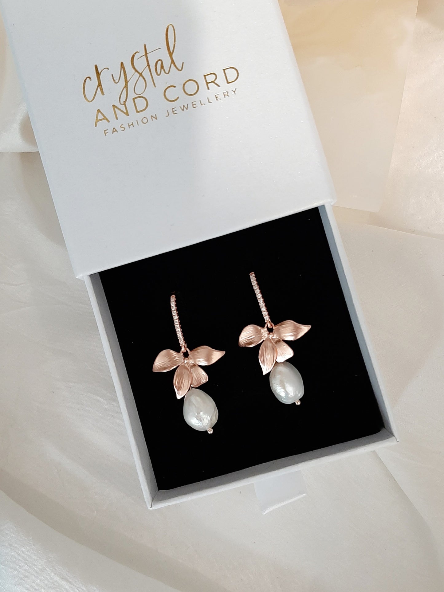 Sarah - freshwater pearls single orchid shaped flower drop earrings
