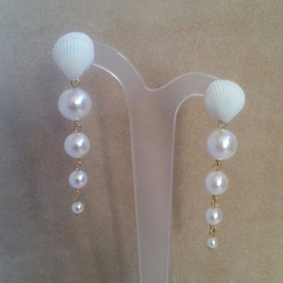 Sea shell and Swarovski crystal pearl cascading stud earrings