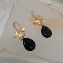 Load image into Gallery viewer, Stevie - Black rainbow obsidian puffed teardrop bead and orchid flower drop earrings