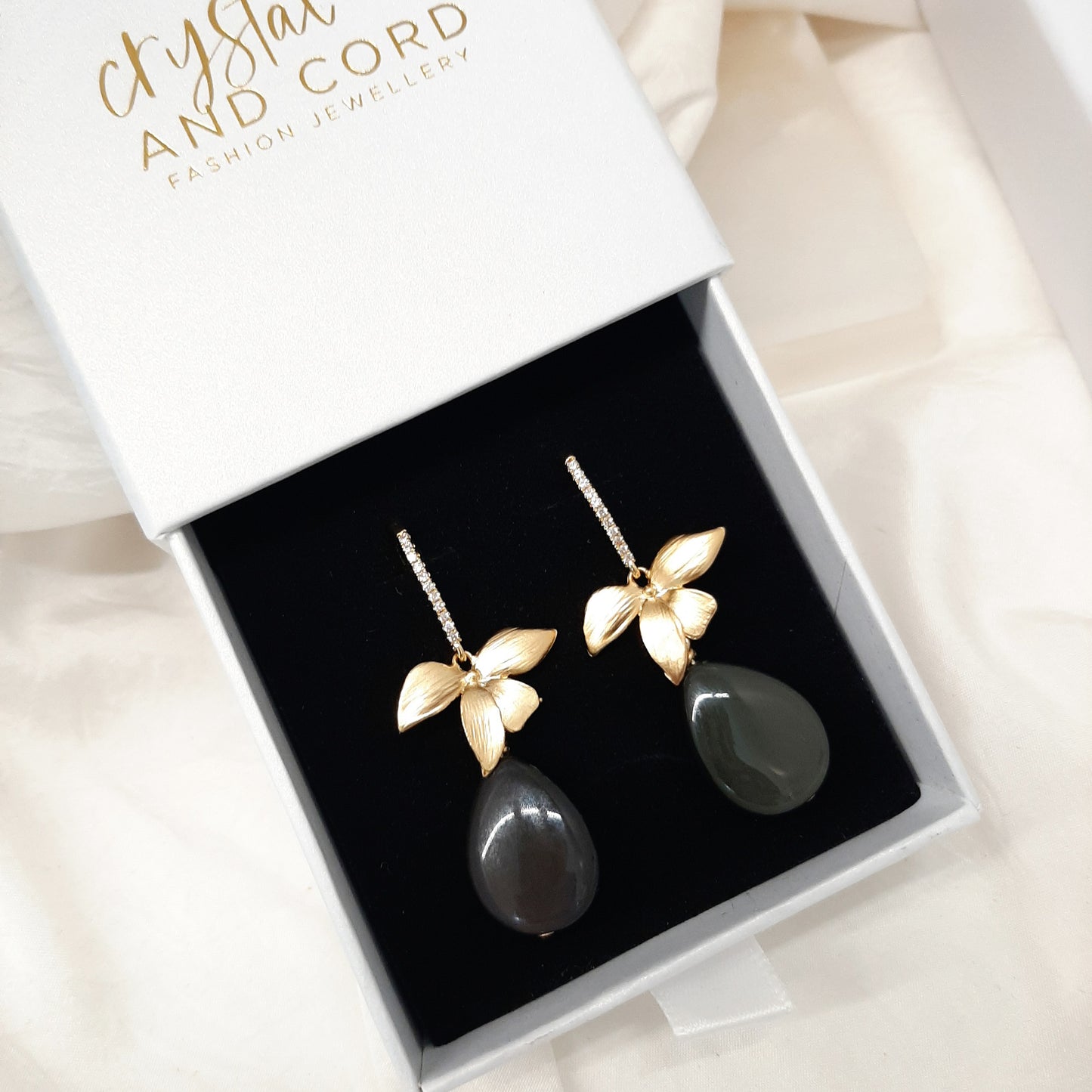 Stevie - Black rainbow obsidian puffed teardrop bead and orchid flower drop earrings