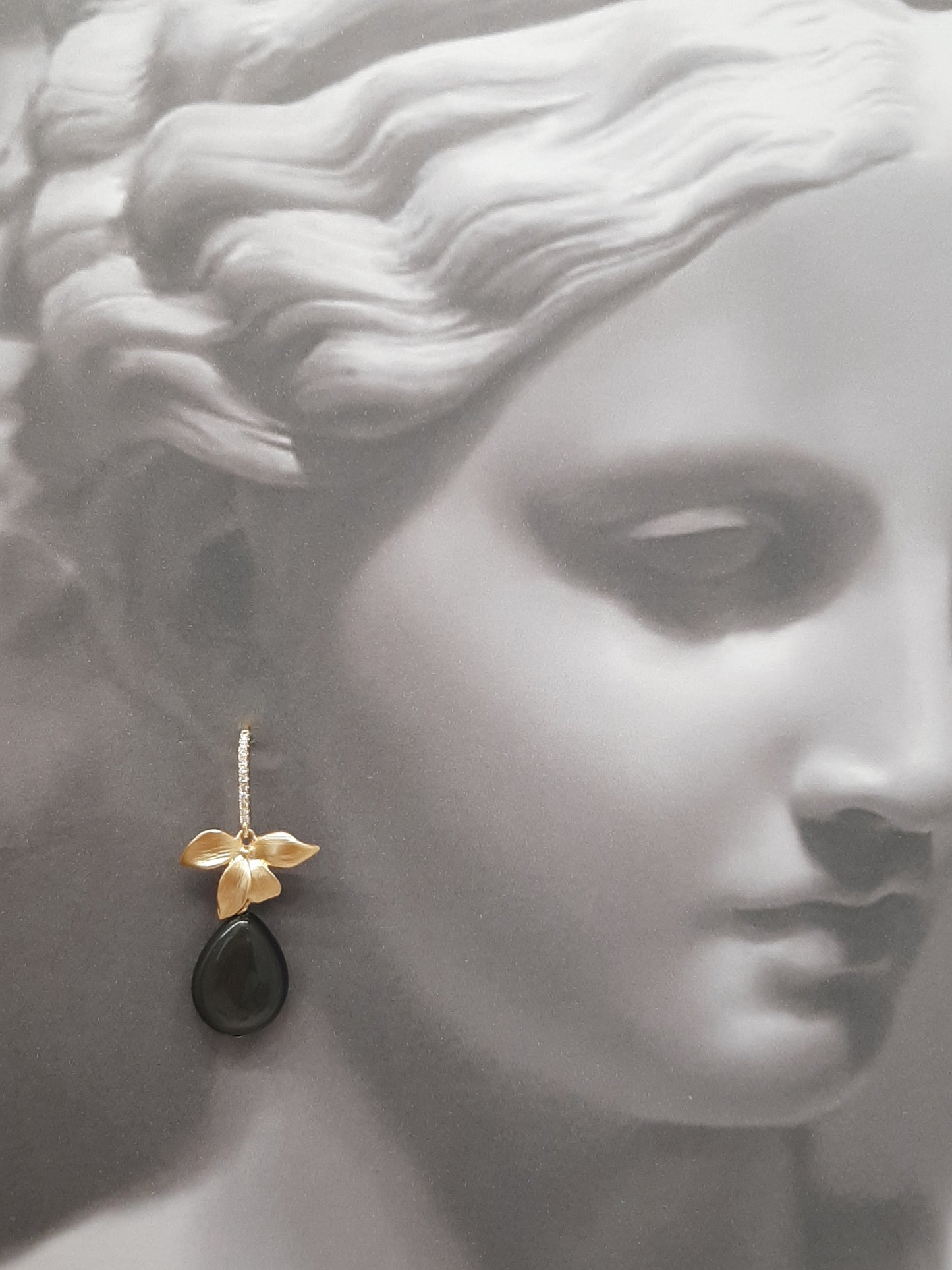 Stevie - Black rainbow obsidian puffed teardrop bead and orchid flower drop earrings