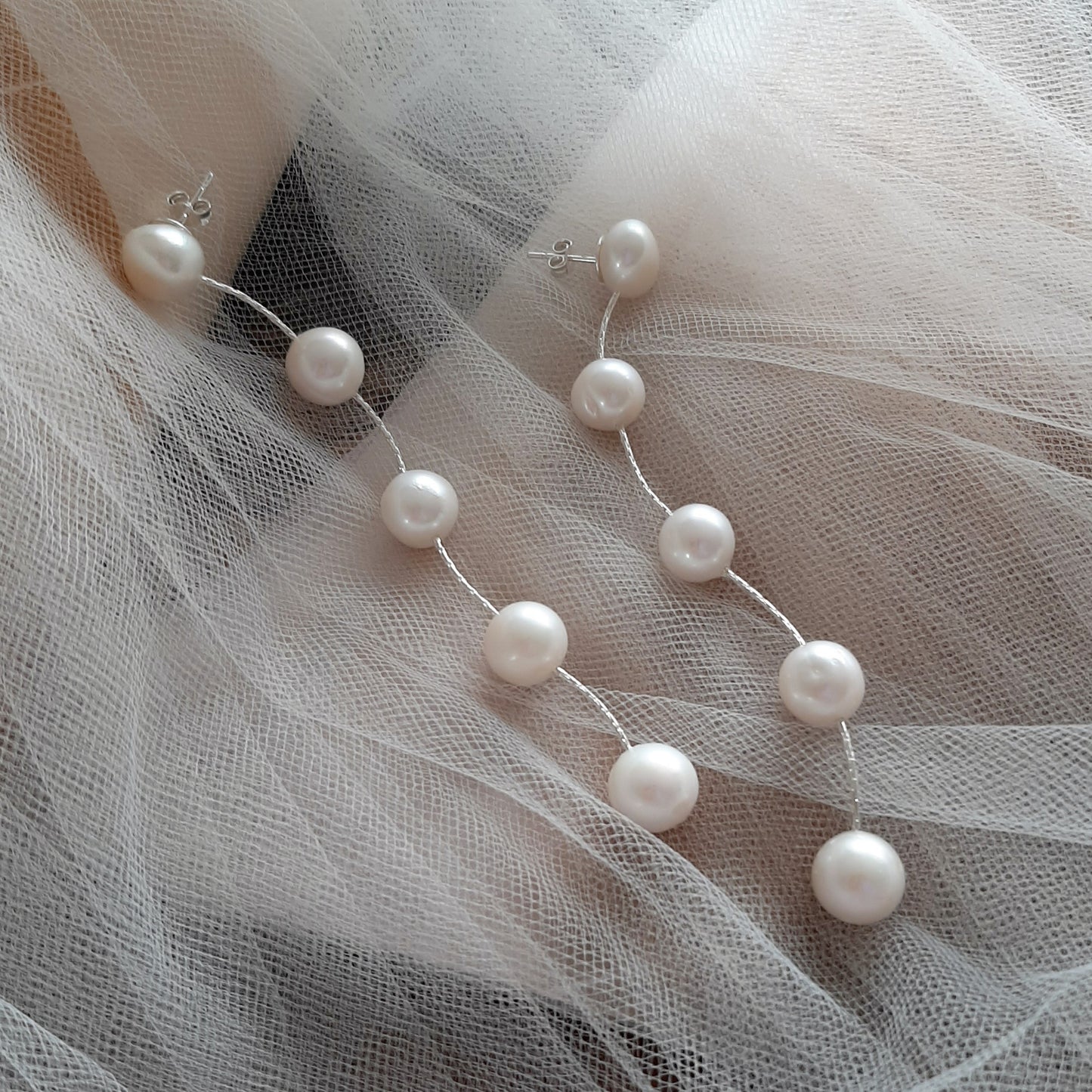 TESS - glorious round natural cultured freshwater pearls and Boston chain thread cascading stud earrings