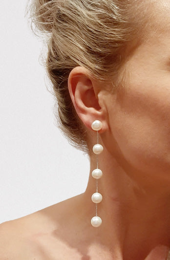 TESS - glorious round natural cultured freshwater pearls and Boston chain thread cascading stud earrings