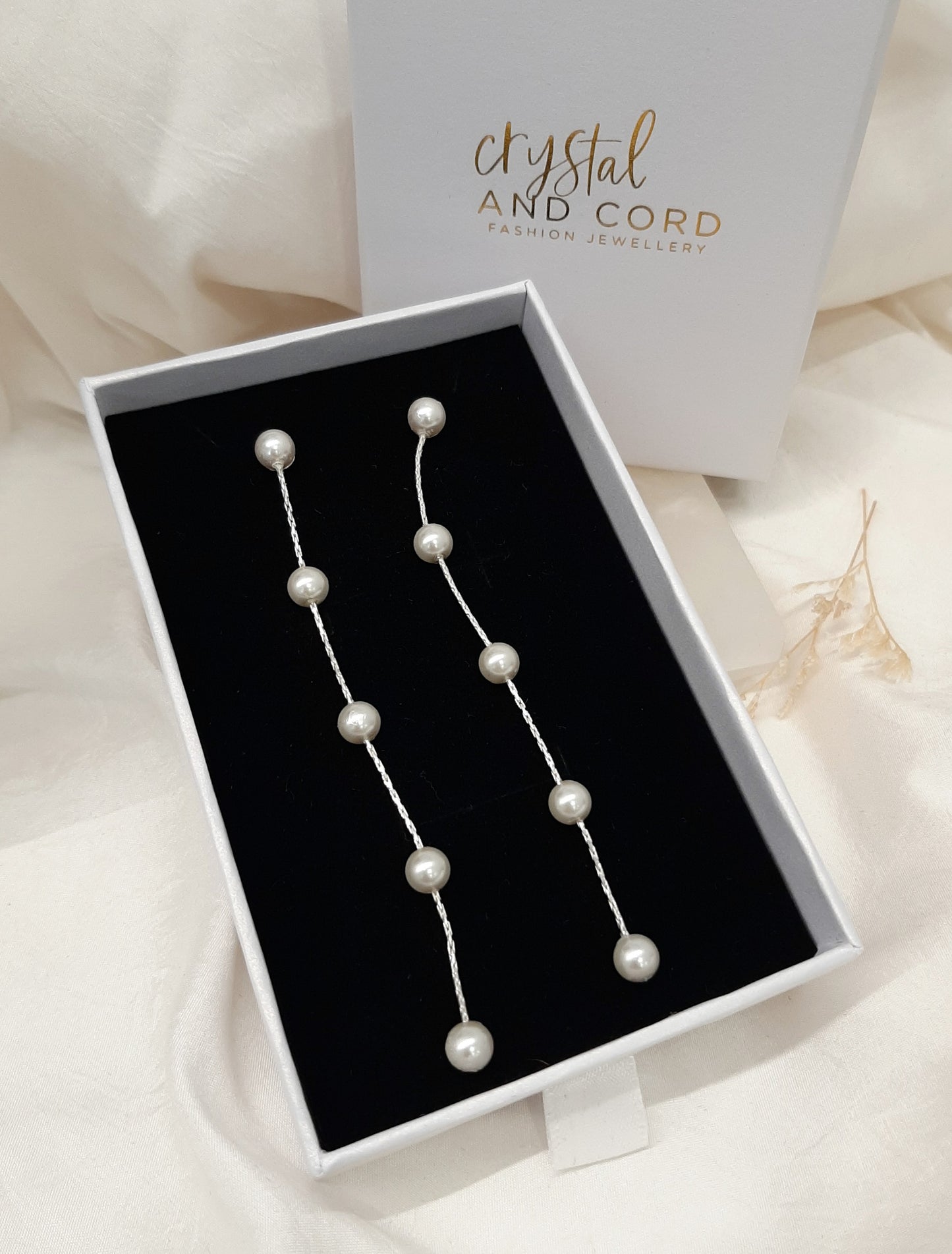 TESSA - crystal pearls and Boston chain thread cascading stud earrings