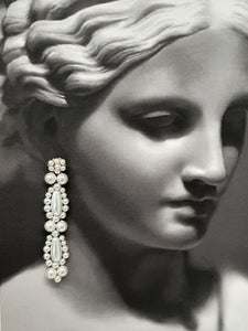 Elizabeth - white round and teardrop shaped crystal pearls cascading stud earrings