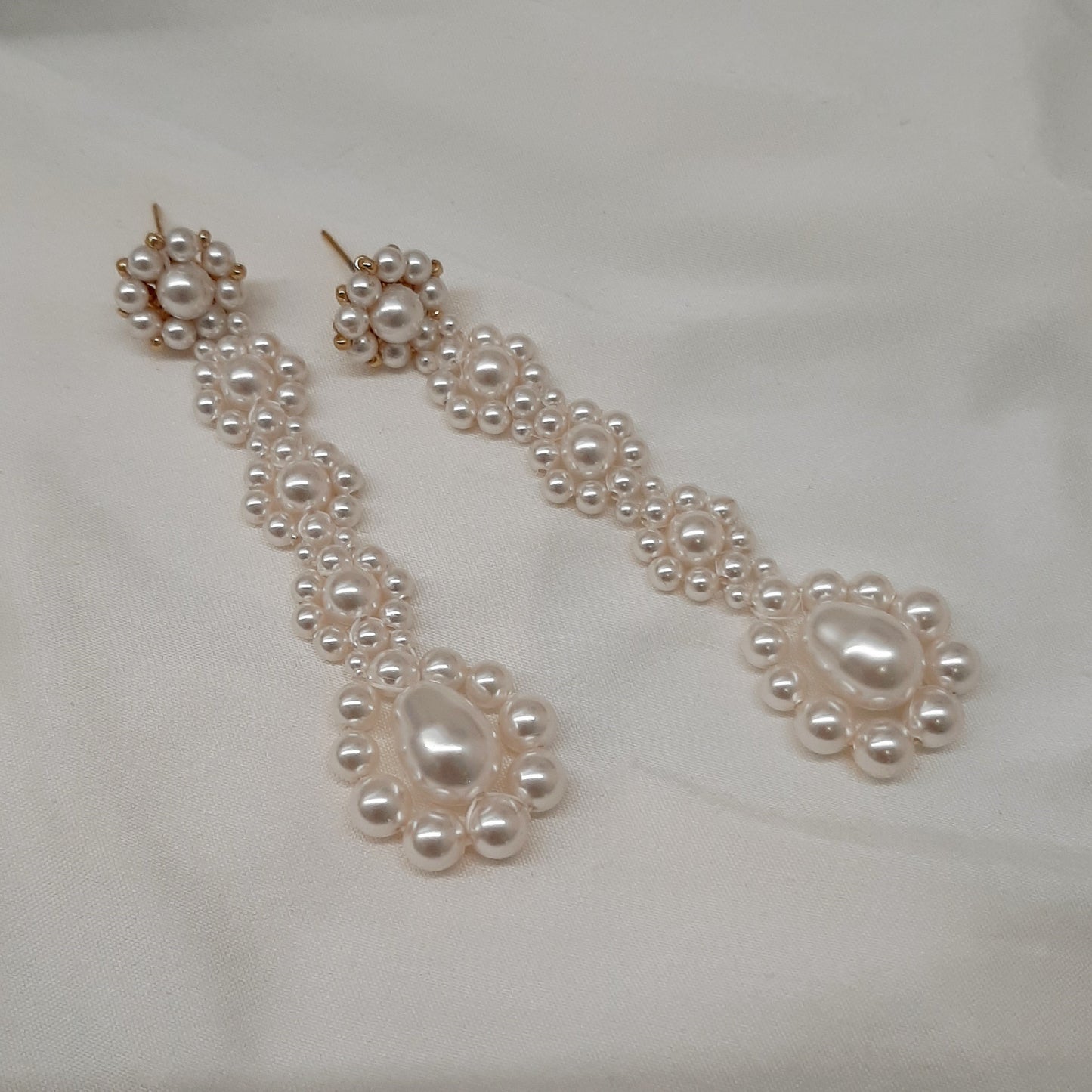 Valentina - white round and pear shaped crystal pearls cascading stud earrings