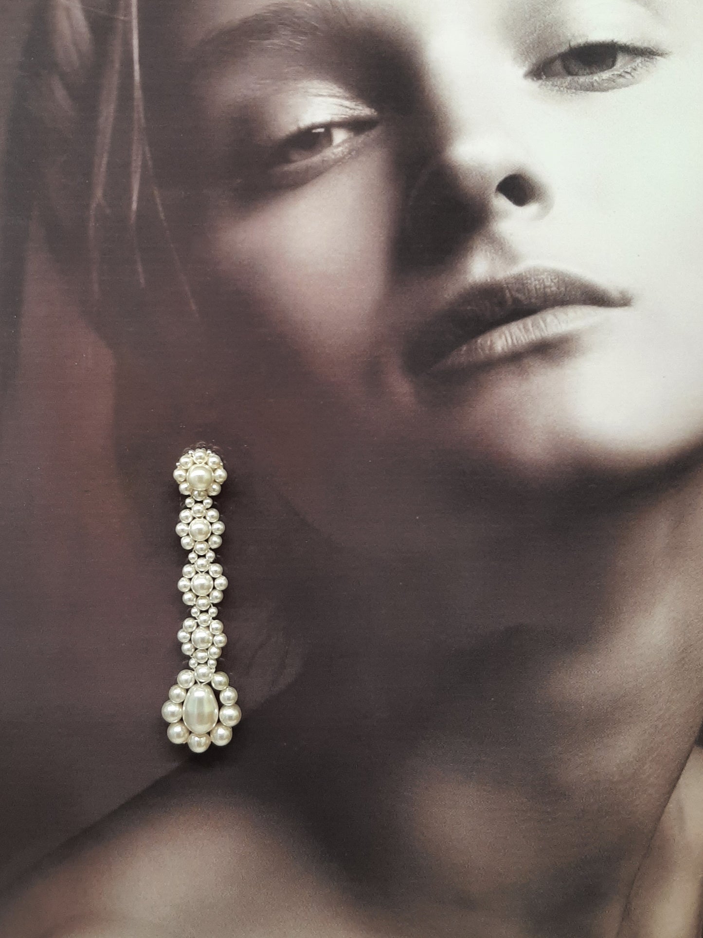 Valentina - white round and pear shaped crystal pearls cascading stud earrings