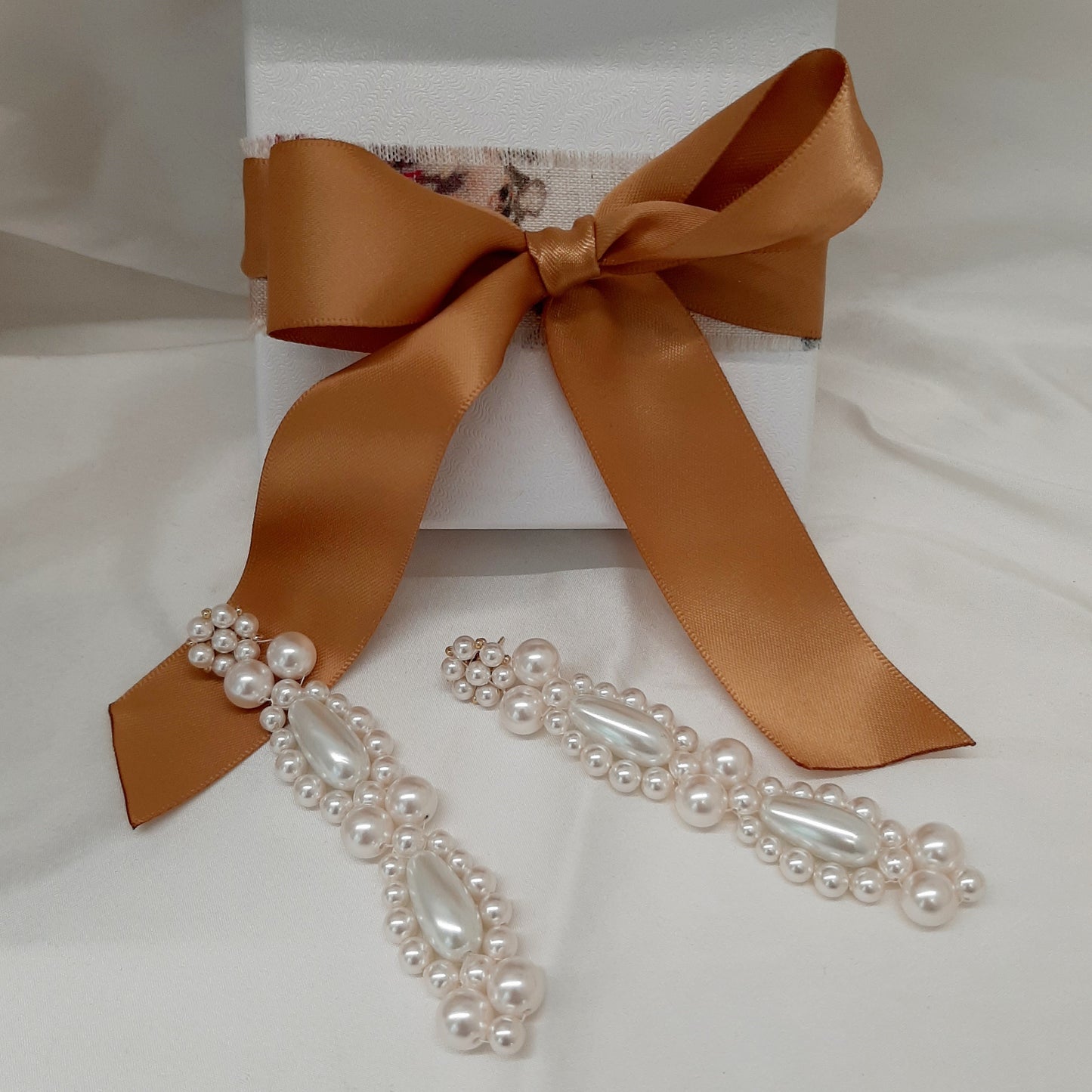 Elizabeth - white round and teardrop shaped crystal pearls cascading stud earrings