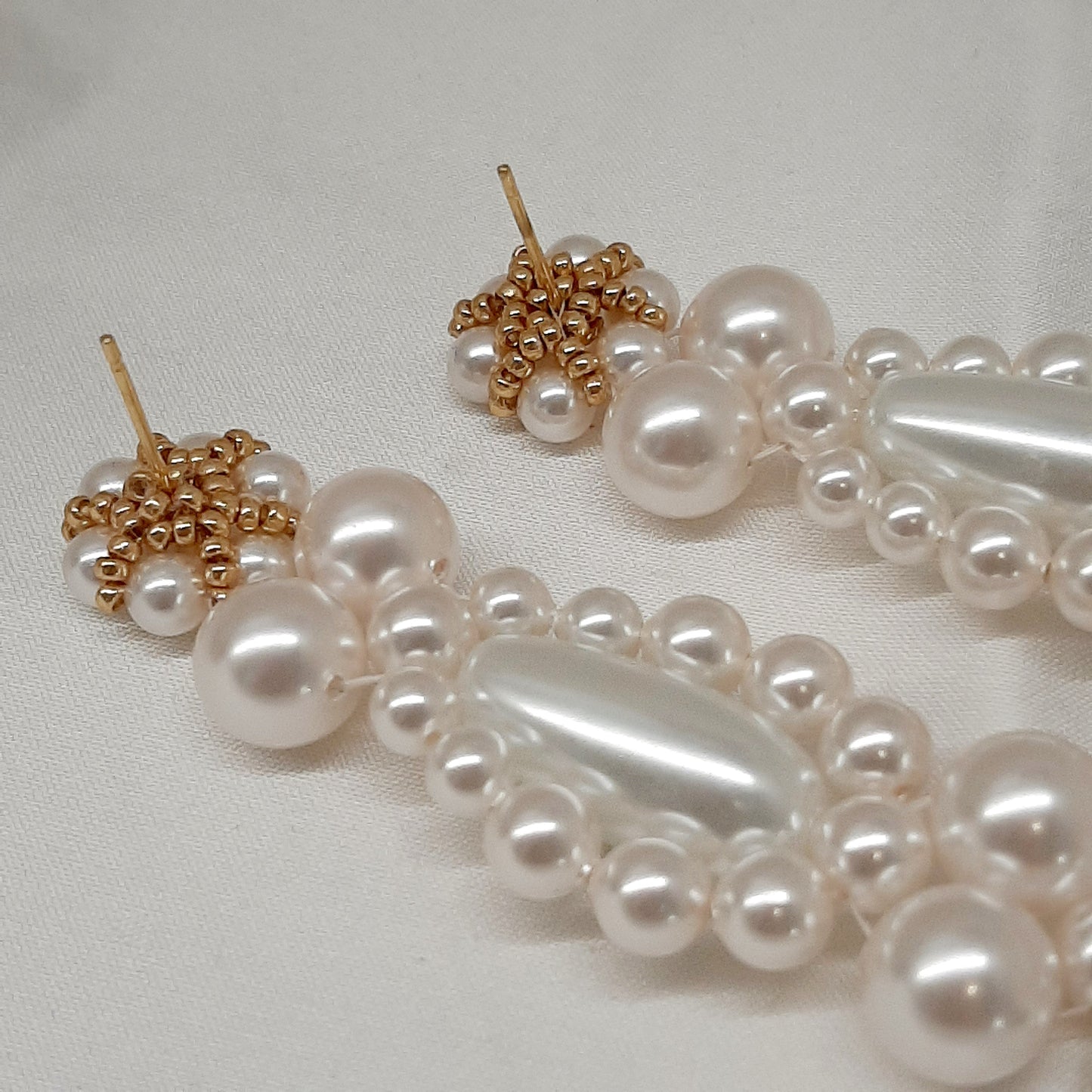 Elizabeth - white round and teardrop shaped crystal pearls cascading stud earrings